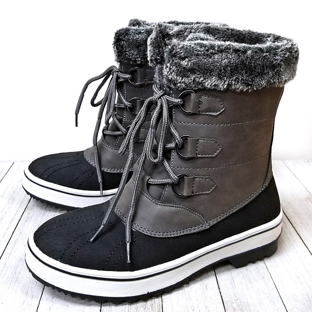 Women's Grey & Black Faux Fur Winter Lace-Up Boots